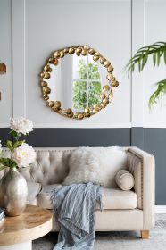 Round Metal Wall Mirror with Golden Leaf Accents