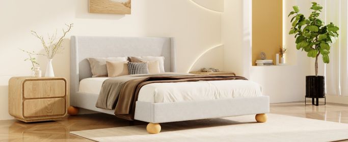 Modern Boucle Upholstered Platform Bed with Wingback Headboard and Round Wooden Legs, Beige,Queen Size