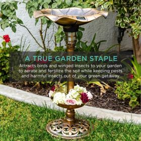 Outdoor Solar Lighted Pedestal Bird Bath Fountain Decoration w/Planter, Integrated Panel,Scroll Accents for Lawn, Garden -Bronze