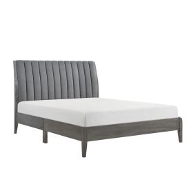 Modern Style Queen Platform Bed 1pc Velvet Upholstered Headboard Gray Finish Solid Wood Legs Bedroom Furniture Bed in a Box