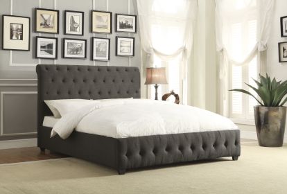 Dark Gray Fabric Upholstered Queen Bed Tufted Headboard Footboard Solid Wood Frame 1pc Bedroom Furniture