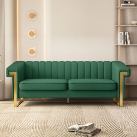 FX-P81PU-GR SOFA Modern Green PU Sofa with Gold Accents - Sleek Channel-Tufted Upholstery, 3-Seat Couch for Living Room and Office Decor