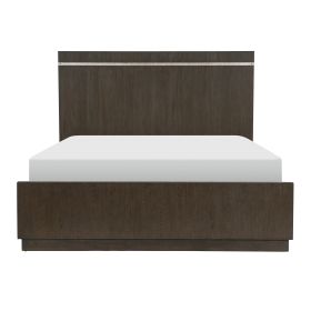 Dark Brown Finish Queen Bed 1pc Panel Headboard with Silver Finish Metal Strip Modern Transitional Bedroom Furniture