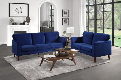 Modern Contemporary 2pc Sofa Set Blue Sofa Loveseat Velvet Upholstery Dark Brown Legs Solid Wood Living Room Furniture