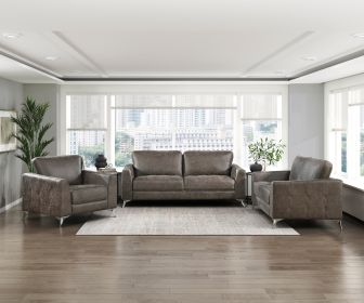 Elegant Modern Style 3pc Sofa Set Brownish Gray Polished Microfiber Upholstery Sofa Loveseat Chair Solid Wood Living Room Furniture Silver Finish Meta