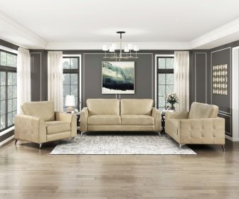 Elegant Modern Style 3pc Sofa Set Sand-Hued Polished Microfiber Upholstery Sofa Loveseat Chair Solid Wood Living Room Furniture Silver Finish Metal Le