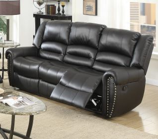 Plush Relax 1pc Manual Motion Sofa Only Black Color Bonded Leather 3-Seat Couch Armrest Cushion Seating Living Room Furniture