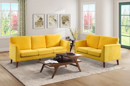 Modern Contemporary 2pc Sofa Set Yellow Sofa Loveseat Velvet Upholstery Dark Brown Legs Solid Wood Living Room Furniture