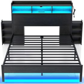 Rolanstar Bed Frame Full Size with Bookcase Storage Headboard, Slide Out Bedside Storage, Bed with Charging Station & LED Lights