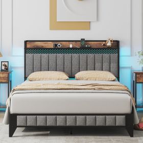 King Size Bed Frame with Charging Station, LED Lights, Soft Storage Headboard, Sturdy and Durable, No Box Spring Needed