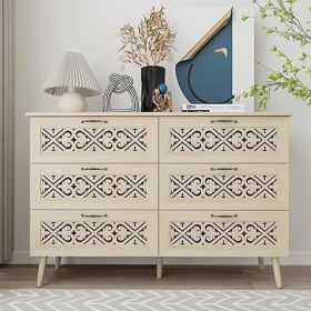 6 Drawer Double Dresser with Hollow Carving Decoration, Modern Chest of Drawers with Metal Handles, Accent Wood Storage Cabinet for Bedroom