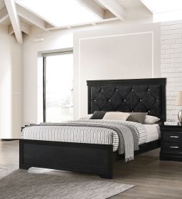 Modern 1pc Black Finish Queen Size Panel Bed Wooden Fabric Upholstered Headboard Crystal-Like Button Tufted Fabric Bedroom Furniture