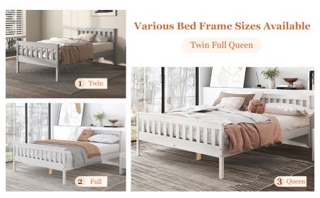 Queen Bed Frames with Headboard, Solid Wooden Platform Bed with Corner, Modern Low Profile Bed Frame, No Box Spring Needed, Grey