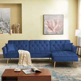 Modern Velvet Upholstered Reversible Sectional Sofa Bed , L-Shaped Couch with Movable Ottoman and Nailhead Trim For Living Room. (Blue)