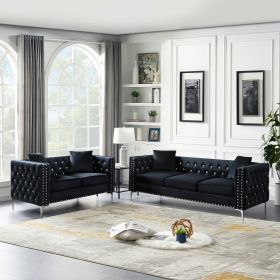 2 Piece Modern Velvet Living Room Set with Sofa and Loveseat; Jeweled Button Tufted Copper Nails Square Arms Black; 4 Pillows Included