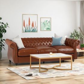 84.50'' Mid Century Cognac Brown 3-Seater Sofa, PU, Classic Retro Sofa with Rolled Arms â€“ Modern, Elegant, and Comfortable Couch