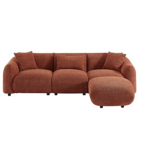 Mid Century Modern Couch 3-Seater Sofa with Ottoman Soft Padded Seat Upholstered Footrest Stool Ottoman Foot Stool for Living Room, Bedroom. Orange