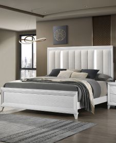 Modern 1pc King Size LED Light Linen Look Fabric Upholstered Headboard Panel Bed White Finish Solid Wood Wooden Bedroom Furniture