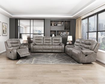 Grayish Brown Modern Reclining Sofa Set 3pc Sofa Loveseat Chair Plush Seating, Polished Microfiber Upholstery Solid Wood Frame Living Room Furniture