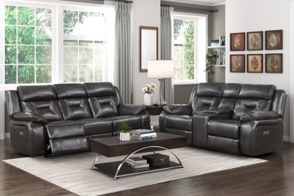 2pc Power Reclining Sofa Set Modern Design Living Room Furniture Sofa and Loveseat with Center Console Dark Gray Breathable Faux Leather Upholstery US