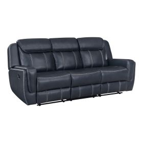 Modern Blue Dual Reclining Sofa with Center Drop-Down Cup Holders, Breathable Faux Leather Upholstery, USB Ports Living Room Furniture 1pc