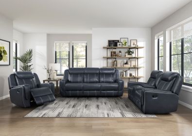 Modern Living Room Furniture 3pc Reclining Sofa Set Blue Breathable Faux Leather Upholstery Sofa Loveseat Swivel Reclining Chair, Cup Holders