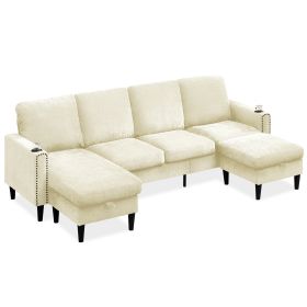 Off White Chenille Sectional Sofa, U Shaped Sofa Couch with High Density Memory Foam, 4 Seat Comfy Modular Sofa Couch for Living Room