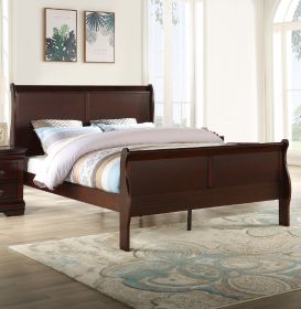 Louis Phillipe Brown Cherry Finish Full Size Panel Sleigh Bed Solid Wood Wooden Bedroom Furniture