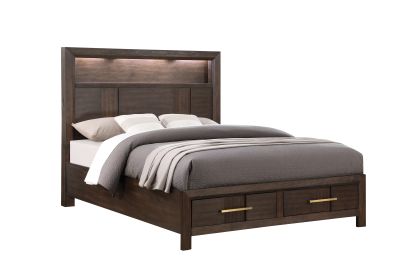 Kenzo Modern Style Full Bed Made with Wood & LED Headboard with bookshelf in Walnut