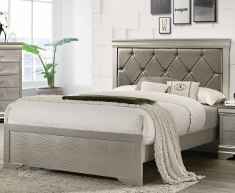 Modern 1pc Beige Champagne Finish Queen Size Panel Bed Wooden Crocodile Texture PU Upholstered Headboard Crystal-Like Button Tufted Fabric Bedroom Fur