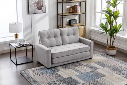 59.4" Loveseat Sofa with Pull-Out Bed Modern Upholstered Couch with Side Pocket for Living Room Office, Grey