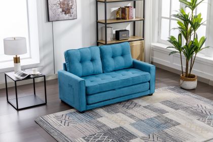 59.4" Loveseat Sofa with Pull-Out Bed Modern Upholstered Couch with Side Pocket for Living Room Office, Blue