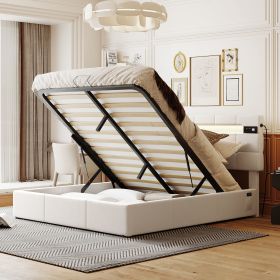 Queen Size Upholstered Bed with LED Light and Integrated Bluetooth Audio System, Modern Platform Bed with Hydraulic Storage System and USB Port