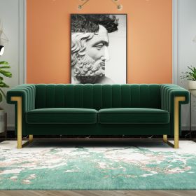 FX-P81-RG2 RETRO GREEN SOFA Modern Cream Velvet Sofa with Gold Accents - Sleek Channel-Tufted Upholstery