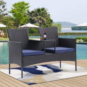 Outdoor Patio Loveseat Set,All Weather PE Rattan and Steel Frame Conversation Furniture with Built-in Coffee Table