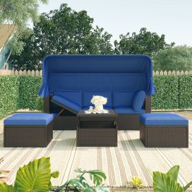 Outdoor Patio Rectangle Daybed with Retractable Canopy (Color: Blue)