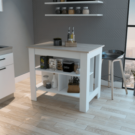 Kitchen Island; Three Concealed Shelves (Color: White / Light Gray)