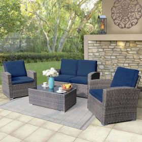 Patio Furniture Set, 4 Piece PE Rattan Wicker Small Sectional Patio Sofa Set (Color: Blue, size: 4 Pcs)