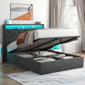 Queen Lift Up Bed Frame with Charging Station (Color: Dark Grey, size: Queen)