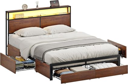 Queen Bed Frame with Storage Headboard (Color: Brown, size: King)