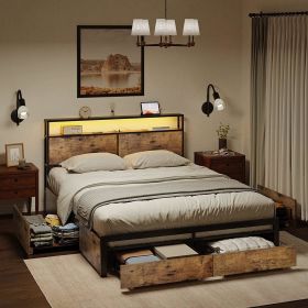 Queen Bed Frame with Storage Headboard (Color: Rustic Brown, size: Full)