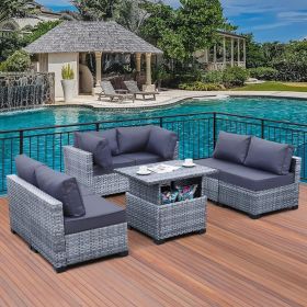 7 Pieces Wicker Patio Furniture Set PE Rattan Outdoor Conversation Sofa Set (Color: Navy Blue, size: With LiftabLe Table)