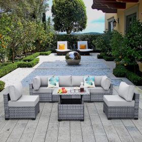 7 Pieces Wicker Patio Furniture Set PE Rattan Outdoor Conversation Sofa Set (Color: Light Grey, size: With LiftabLe Table)