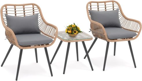 Bistro Set, Outdoor Wicker Conversation Chair Sets (Color: Grey)