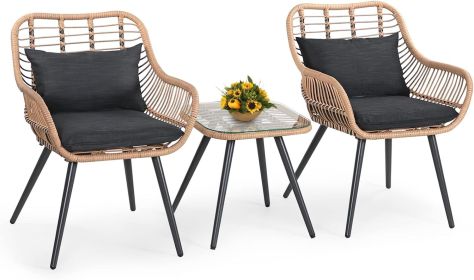 Bistro Set, Outdoor Wicker Conversation Chair Sets (Color: Black)