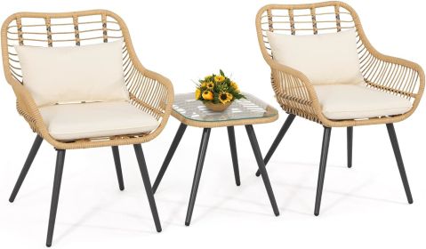 Bistro Set, Outdoor Wicker Conversation Chair Sets (Color: Cream White)