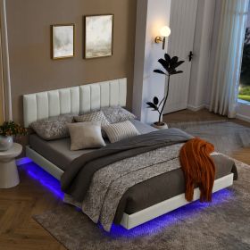 Queen Floating Bed Frame with LED Lights and Wall Mounted Headboard (Color: as Pic)