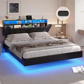 DICTAC Queen Floating Bed Frame with Storage Headboard and LED lights (Color: Black, size: Queen)