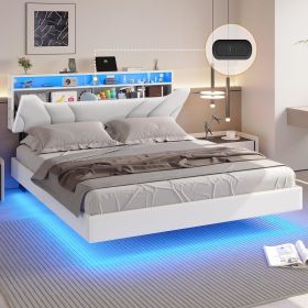 DICTAC Queen Floating Bed Frame with Storage Headboard and LED lights (Color: White, size: Queen)