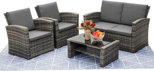 4 Piece Outdoor Patio Furniture Set (Color: Grey)